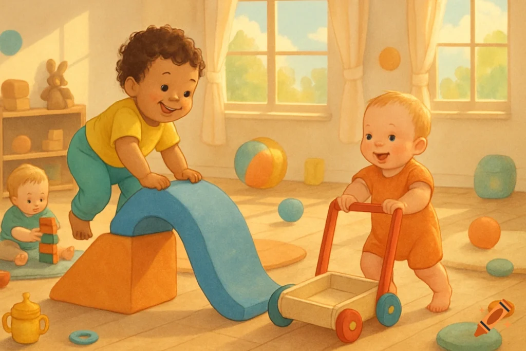 Младенец играет, мама рядом